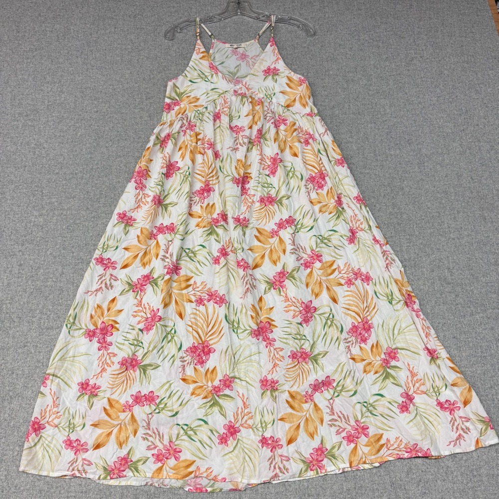 Rip Curl Floral Maxi Dress Size Small White Pink Orange Tropical Boho Adjustable